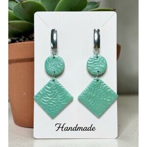 Handmade Green Floral Textured Long Polymer Clay Earrings Stainless Steel Posts